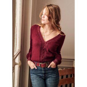 Sézane Clara‎ Burgundy Cardigan Button Up V Neck Lace Detail Mohair Wool Red XXL